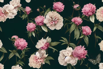 Tuinposter Vintage floral seamless background with skulls, peonies, butterflies. Dark botanical background. Repeating pattern Generative AI © Petr