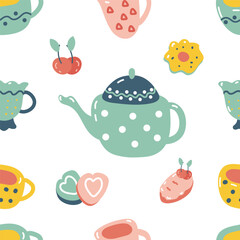 Vector seamless pattern with sweets, cakes, biscotti, cup and teapot
