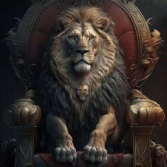 A royal lion seated on a leather-covered throne. Wild and dangerous animals, fantasy, exotic animals, predator, juvenile mane, high resolution, illustrations, art. AI