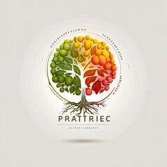 Minimalistisches rundes Logo in Form eines Baum aus Obst und Gemüse auf weißem Hintergrund