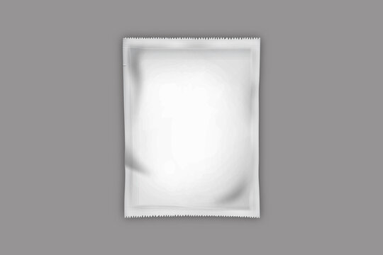 Blank white sachet for medicine, drugs, coffee, sugar, salt, spices, tea isolated on a grey background . disposable cosmetics bag, with clipping path.3d rendering.eco friendly.