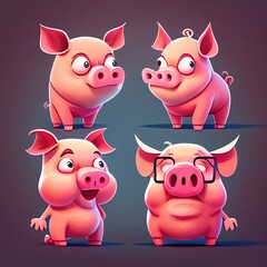 Set of icons of pigs with glasses on a pink background. Cute little animals, cartoon style, exotic animals, pets, high resolution, illustrations, art. AI