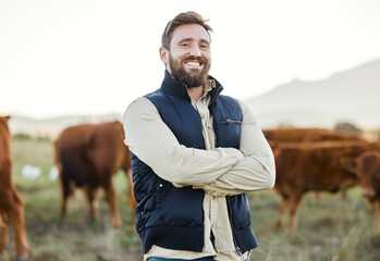 Small business, farming and portrait of man with cows in field, happy farm life in countryside in...