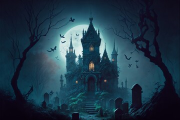 halloween night scene castle
