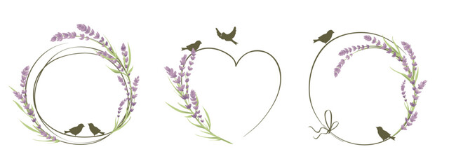 Frames for Wedding invitation. Set vector design elements, lavender flowers and birds.