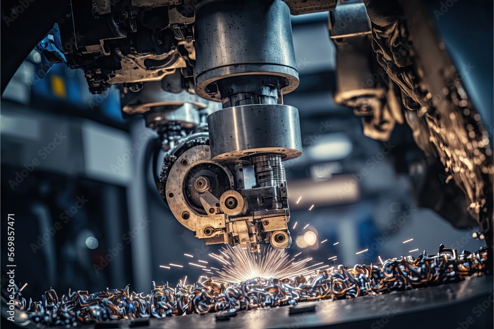 Poster hand of robot working steel welding building electronic machine in factory.generative ai
