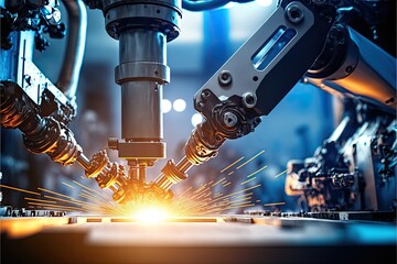 Hand of robot working steel welding building electronic machine in factory.Generative AI