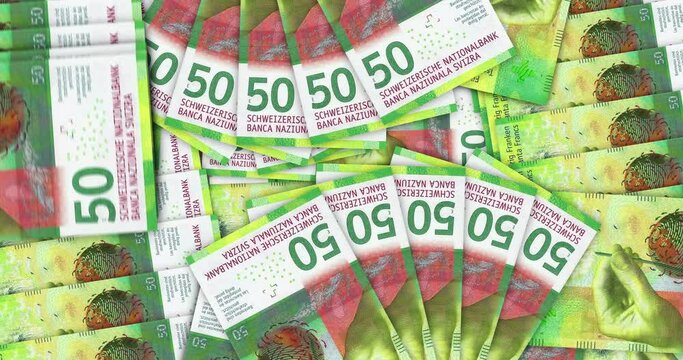 Swiss Francs banknotes in a cash fan mosaic pattern loop. Switzerland CHF 50 notes. Abstract concept of bank, finance, economy seamless and looped decorative design background.