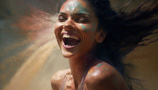 Beautiful Indian woman happy experiencing joy in colorful explosion illustration for Holi holiday generative ai