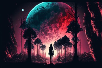 landscape with earth and moon art illustration