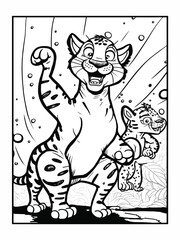 Vector illustration of coloring page. Safari Animals: Cute Tiger. Educational game for children coloring book. 