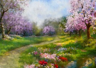 Watercolor paintings landscape, fine art, spring in the garden