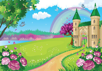 Fairytale background with flower meadow. Wonderland. Princess castle and rainbow. Fabulous landscape. Beautiful Park, garden. Cartoon children illustration for puzzles, stickers. Vintage farm. Vector