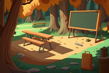 empty outdoor class room in forest with blank classic green chalk board, book shelf and school desks and benches for students with trees as backdrop and brown autumn color leaves on ground. Generative