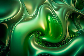 Abstract background with green liquid metal wavy. Generative AI
