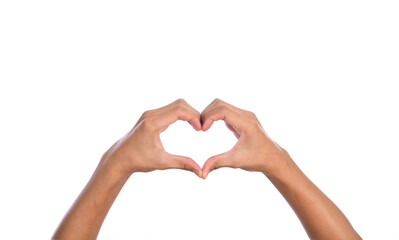 Man hands making a heart shape on a white isolated background