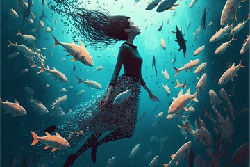 scene with fishes and diver art illustration
