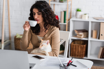 Brunette copywriter holding coffee and oriental cat near devices and papers at home.