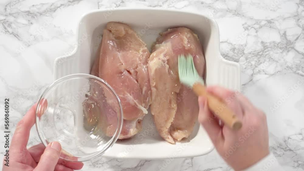 Sticker Time lapse. Flat lay. Step by step. Seasoning chicken with salt and pepper for baking in a baking dish.