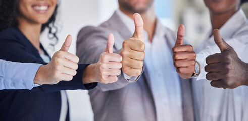 Thumbs up, hands and business people, diversity and yes, agreement and success with motivation and collaboration. Achievement, hand sign and emoji with employee group, like and solidarity with team