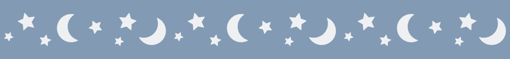 Seamless border garland with moons and stars on blue background. Can be used for cards, bedclothes. Isolated vector illustration.