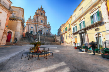 Amazing view on baroque Saint George cathedral of Modica and Duomo square.
