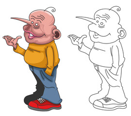 Caricature d'un bonhomme chauve à nez pointu qui donne des explications