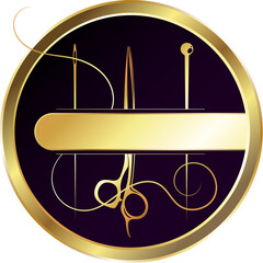 Golden scissors and a needle and thread. Design for sewing. Sewing salon and tailor sign
