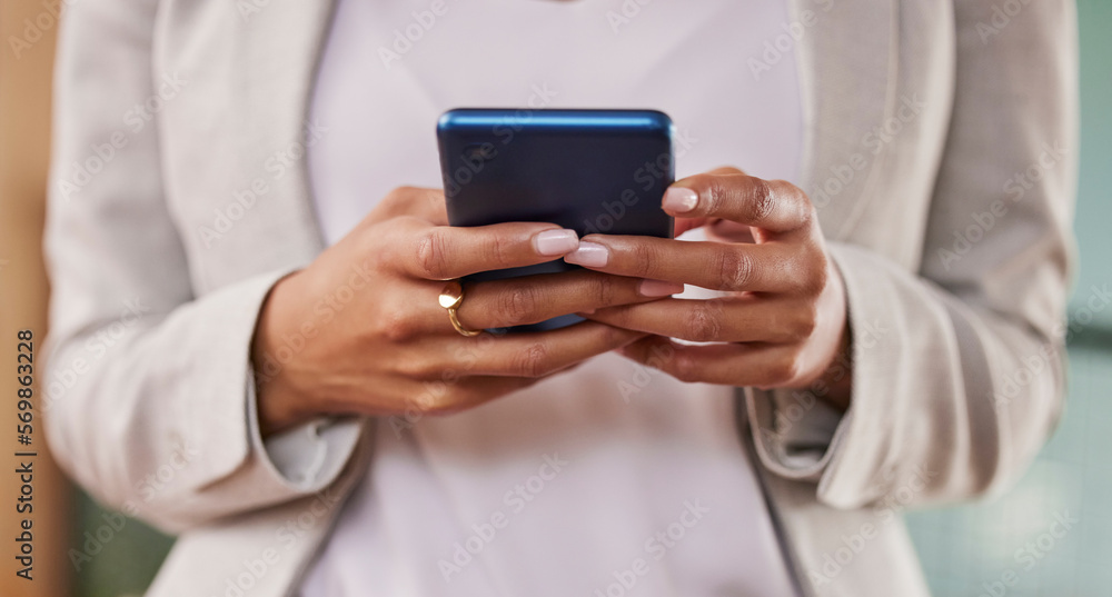 Poster woman, hands and phone in networking for social media, communication or texting for conversation. ha