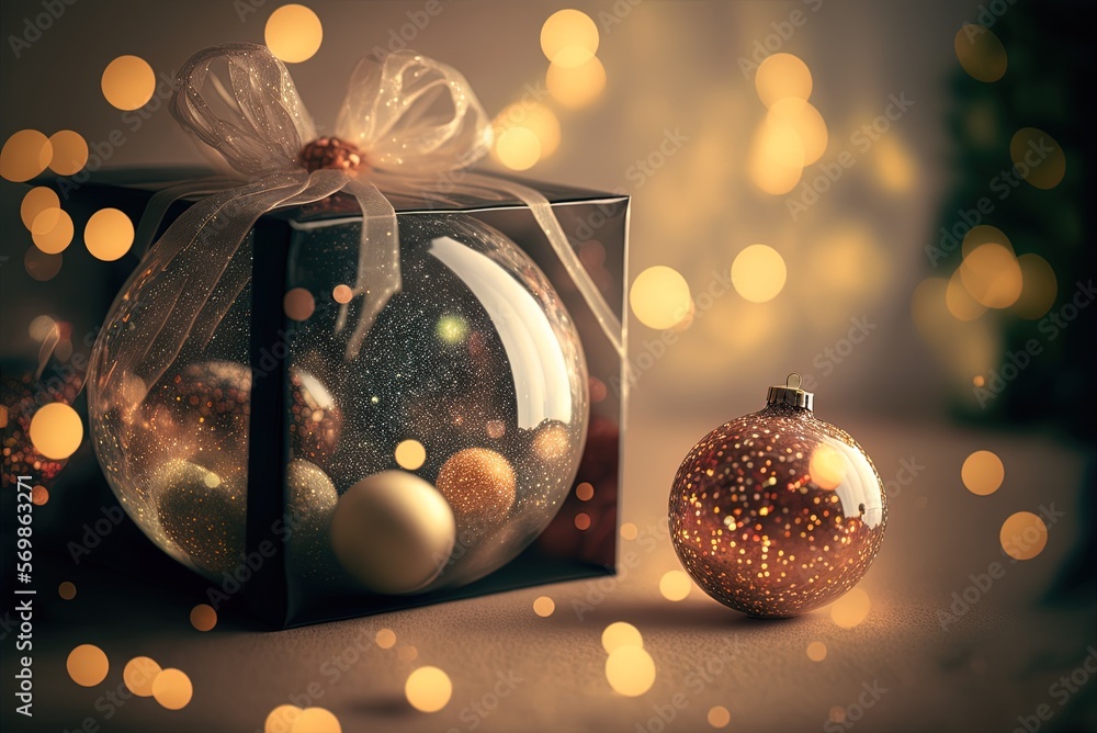 Poster close-up of christmas presents against a bokeh background generative ai