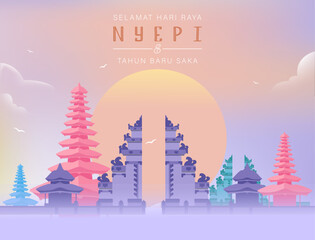 Translation : Happy Nyepi Day. Happy Bali's Day of Silence and Hindu New Year Vector Illustration, Nyepi Day and Hari Raya Saka, Hindu Ceremony - obrazy, fototapety, plakaty