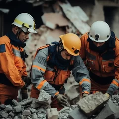 Fotobehang Equipos de rescate , buscando personas entre los escombros ,  bomberos , policía, ejercito , ambulancias en una tragedia por un terremoto con derrumbes de edificios y gente sepultada, generada con IA. © Tonikko