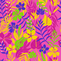 Fototapeta na wymiar Tropical leaves and flowers seamless pattern