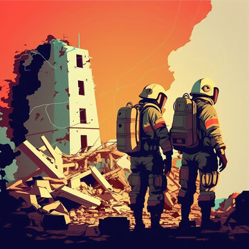 Equipos de rescate , buscando personas entre los escombros ,  bomberos , policía, ejercito , ambulancias en una tragedia por un terremoto con derrumbes de edificios y gente sepultada, generada con IA.