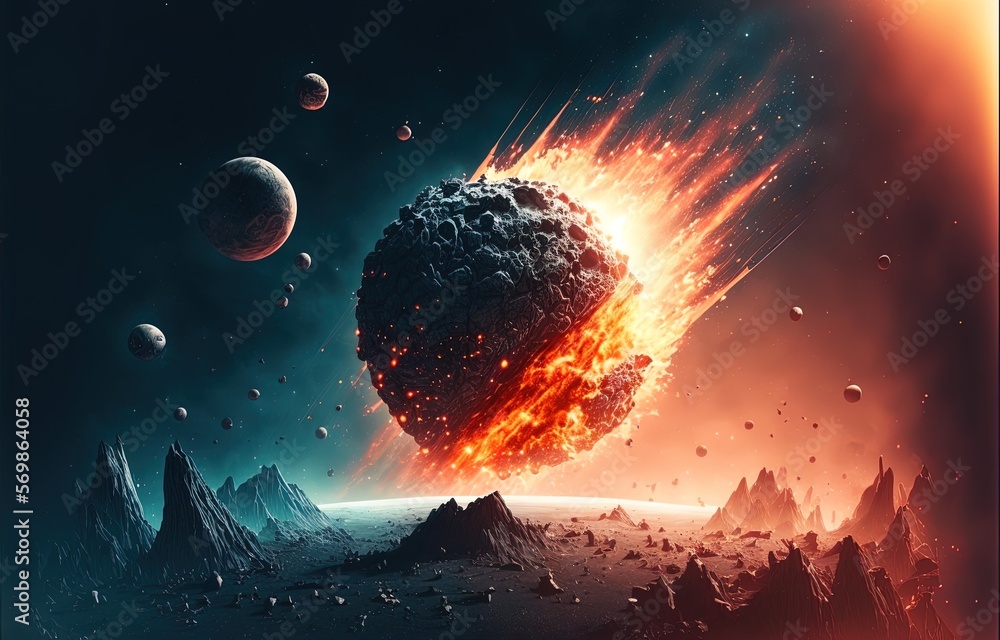 Poster fantasy cosmic scene of the big bang's creation of the cosmos, depicting asteroids crashing into pla