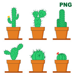 Set of cactus on a white background. PNG illustration. Various cactus in pots. Melocactus, Ferocactus. Succulents. Home plants. PNG format