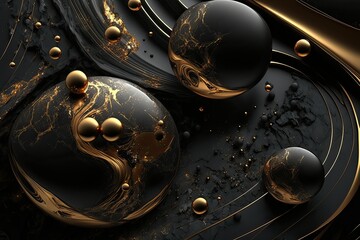 Abstract background with marbled spheres. Black and gold luxury marble balls texture, wallpaper. 