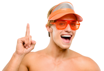 A handsome man standing alone in the studio and pointing upwards at the copy space isolated on a png background.