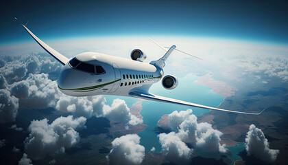 White Luxury Private Jet Flight over Earth, Blue Sky Background