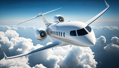 White Luxury Private Jet Flight over Earth, Blue Sky Background