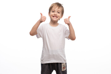 Portrait of happy little boy on white background