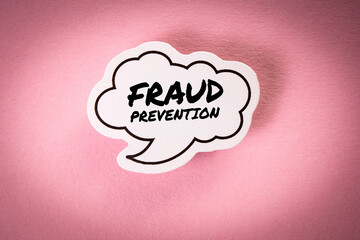 Fraud Prevention. White speech bubble with text on pink background