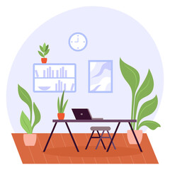 Desk space at home concept, Comfy table, bookcase, shelves vector color icon design, Green Office symbol, Eco Friendly Workspace sign, Modern interior design elements stock illustration