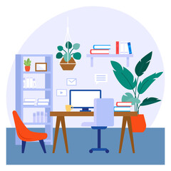 Librarian Room decor concept, Biophilic Office vector color icon design, Green Office symbol, Eco Friendly Workspace sign, Modern interior design elements stock illustration 