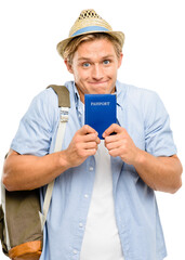 A handsome tourist excitedly holding his passport and ready to go for a holiday to his favorite...