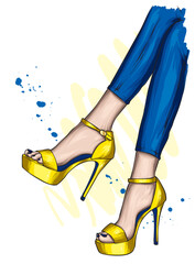 Women's legs in stylish trousers and shoes. Ukraine. Vector illustration, fashion and style. 