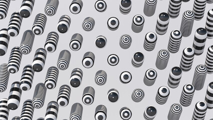 Striped black and white shapes rotating. Abstract illustration, 3d render.