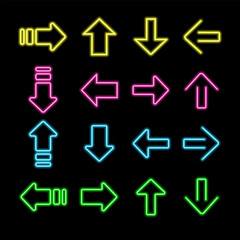 Neon Arrows colorful vector icons set.  Location indicator for casino, bar, cinema, night club and motel, isolated symbols pack. Vector illustration isolated on black background. EPS 10