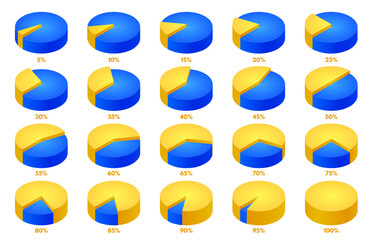 Isometric pie chart animation. Round 3D percent graph, proportion infographic and percentage share vector illustration set