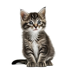 Obraz premium Funny gray kitten with beautiful big eyes posing on a white background. Lovely fluffy cat. Free space for text. Generative AI